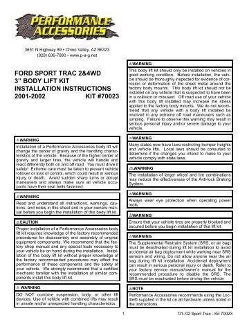 ford sport trac 2&4wd 3â body lift kit installation instructions