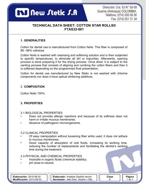 technical data sheet: cotton star rollsÂ® ftas32-001 - New Stetic