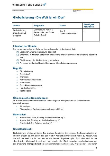 Globalisierung - Die Welt ist ein Dorf - Wirtschaft und Schule