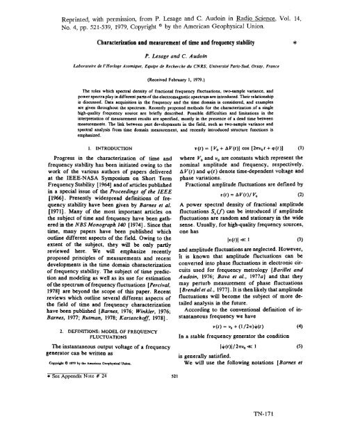 NIST Technical Note 1337: Characterization of Clocks and Oscillators