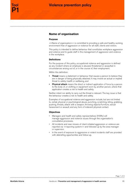 Prevention and management of aggression in ... - WorkSafe Victoria