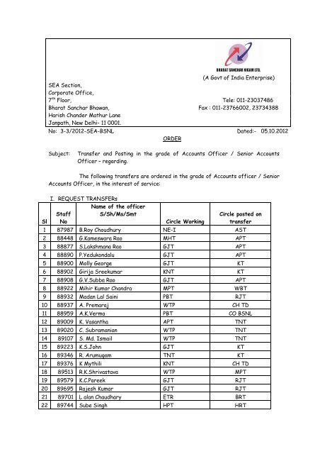 (A Govt of India Enterprise) SEA Section, Corporate ... - AIBSNLEA