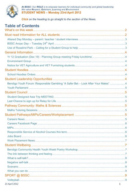 Table of Contents - Bendigo Senior Secondary College