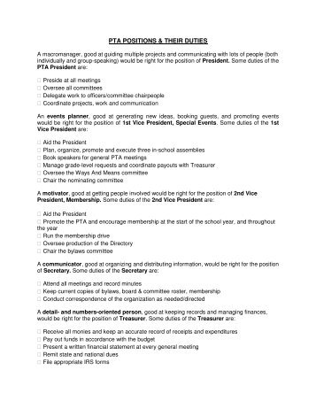 PTA POSITIONS & THEIR DUTIES - Cowlishaw Elementary School