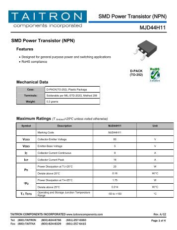 MJD44H11 SMD Power Transistor (NPN) - Taitron Components, Inc.