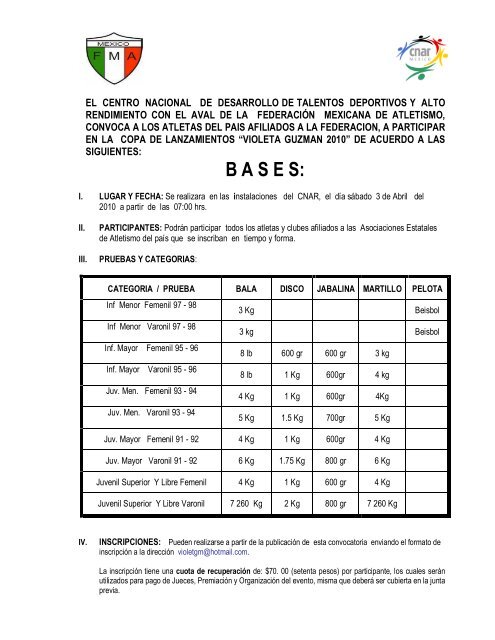 convocatoria copa lanzamientos - Atletismo en México