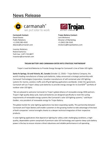 News Release - Trojan Battery Company