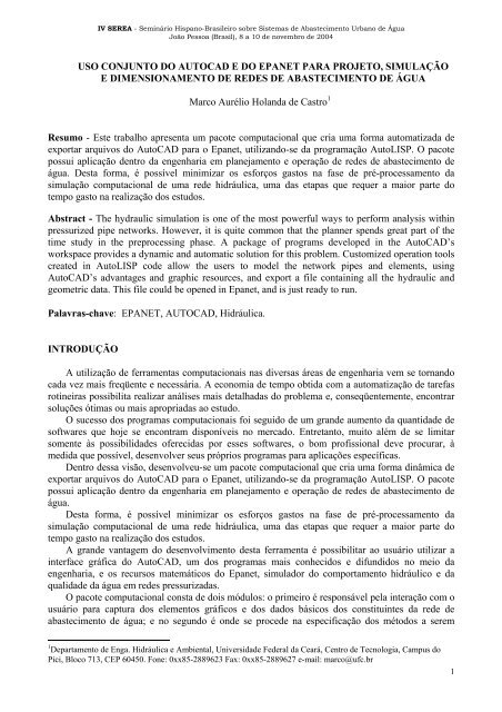 Uso Conjunto do Autocad e do Epanet para Projeto, SimulaÃ§Ã£o e ...