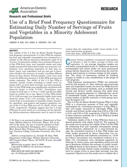 Use of a Brief Food Frequency Questionnaire for Estimating Daily ...