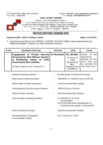 notice inviting tender (nit) - The India Government Mint , Kolkata