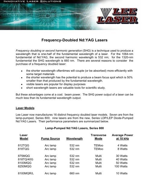 Frequency-Doubled Nd:YAG Lasers - Lee Laser, Inc.