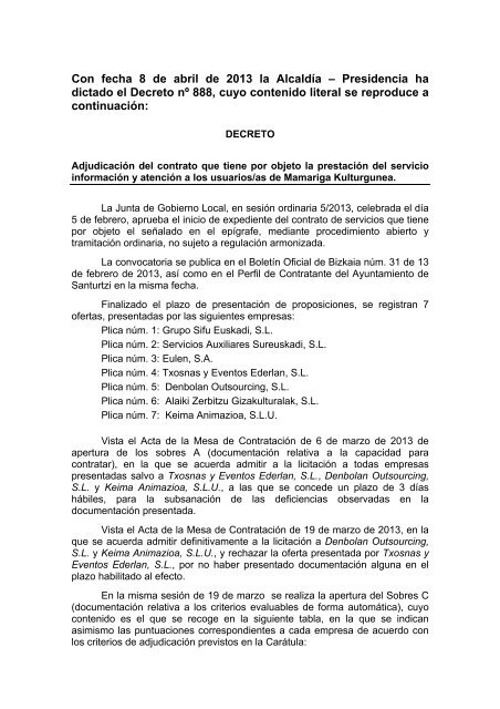 AdjudicaciÃ³n 08/04/2013 (PDF 76Kb) - Ayuntamiento de Santurtzi