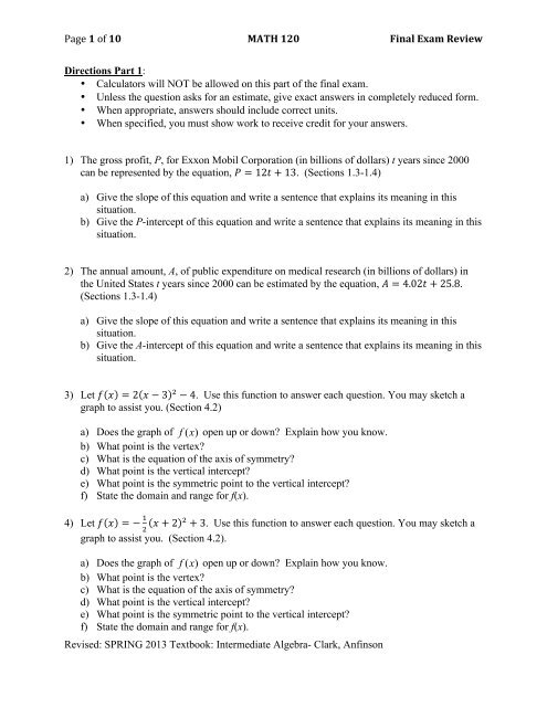 Page 1 Of 10 Math 120 Final Exam Review Revised Spring 2013