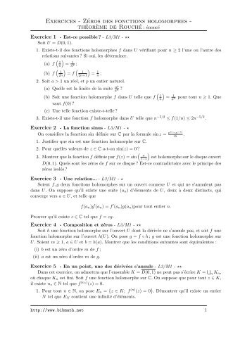 Exercices - ZÃ©ros des fonctions holomorphes - thÃ©or`eme ... - Bibmath