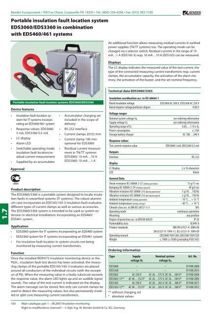 Portable insulation fault location systems EDS3060/EDS3360 - Bender