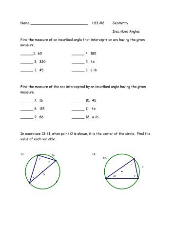 Name U13 #2 Geometry Inscribed Angles Find the measure of an ...