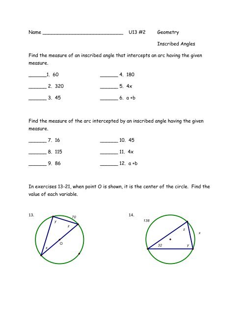 Name U13 #2 Geometry Inscribed Angles Find the measure of an ...