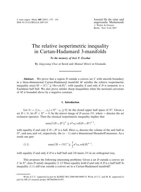 The Relative Isoperimetric Inequality In Cartan Hadamard 3 Kias