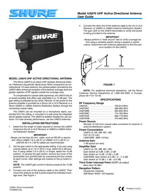 Model UA870 UHF Active Directional Antenna User Guide