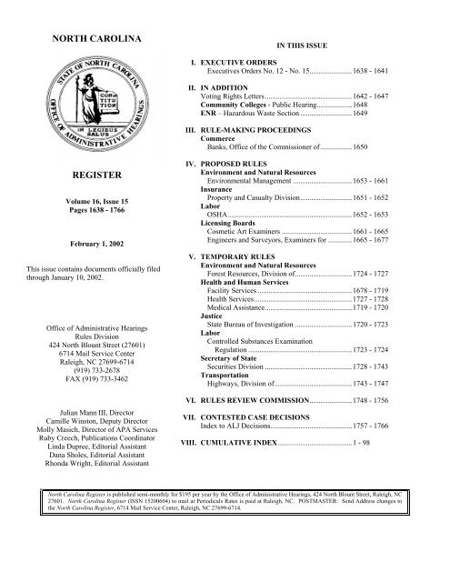 NC Register Volume 16 Issue 15 - Office of Administrative Hearings