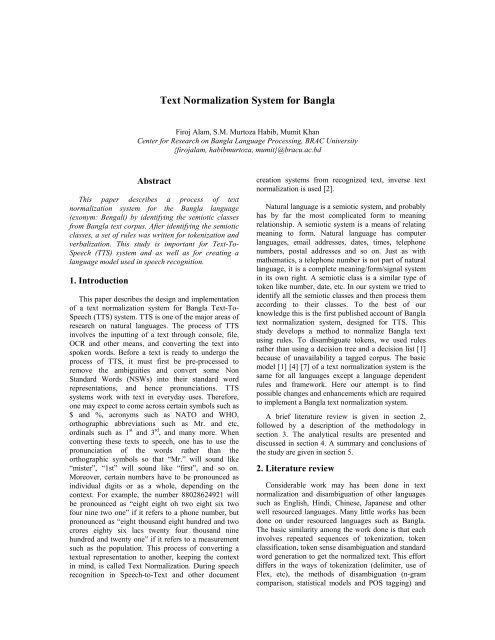 Text Normalization System for Bangla - Center for Language ...