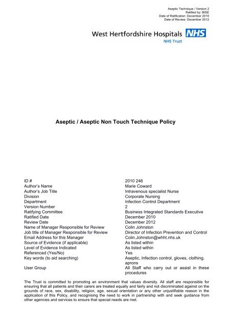 Aseptic Technique - West Hertfordshire Hospitals NHS Trust