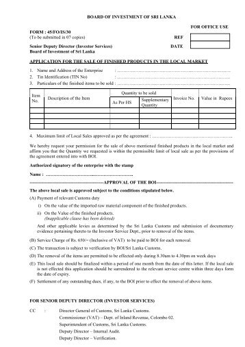 Application Form for the Sale of Finished Products in the Local market