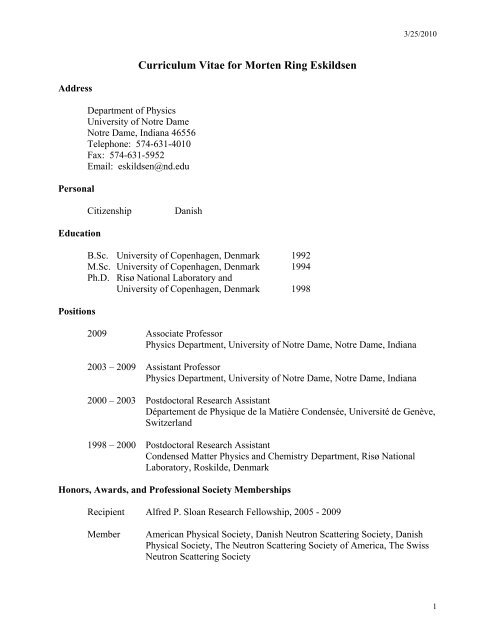 Curriculum Vitae for Morten Ring Eskildsen - Physics Department ...