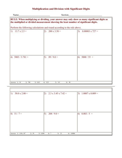 Science Help Online Worksheet 2-3l Multiplication and Division with ...