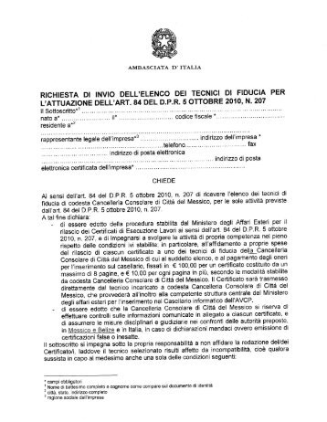 Modello richiesta di invio elenco professionisti - Ambasciata d'Italia ...