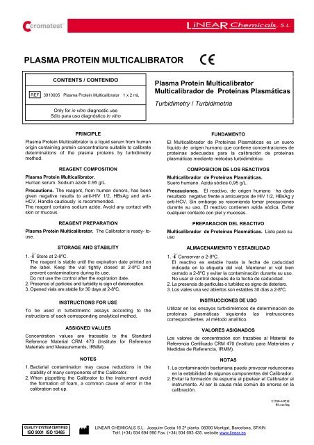 PLASMA PROTEIN MULTICALIBRATOR - LINEAR CHEMICALS