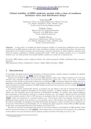 Global stability of SIRS epidemic models with a class of nonlinear ...