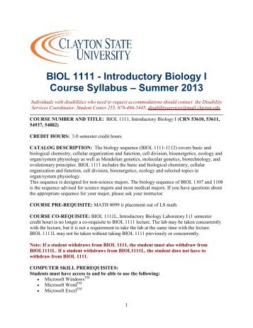 Bio1111Summer 2013 syllabus.pdf - Clayton State University