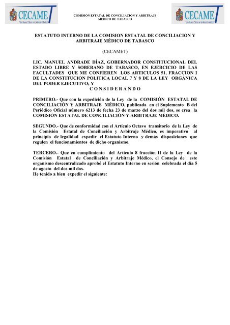 ley de la comisin estatal de conciliacin y arbitraje mdico de tabasco