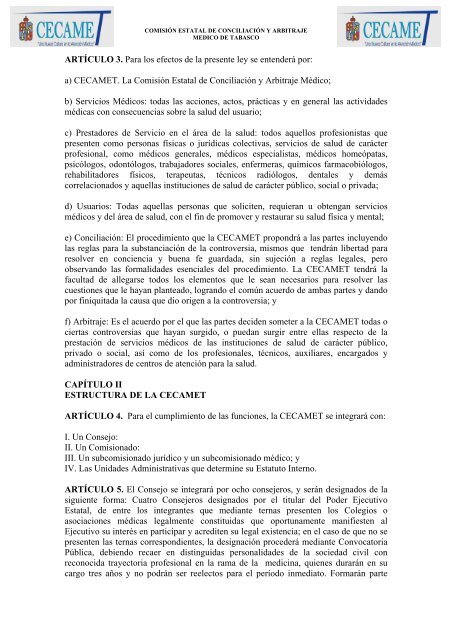 ley de la comisin estatal de conciliacin y arbitraje mdico de tabasco