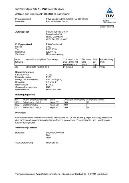 GUTACHTEN zur ABE Nr. 47229 nach Â§22 StVZO Anlage 4 zum ...