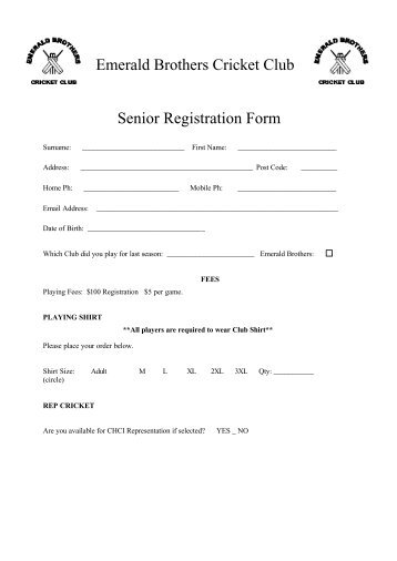 Emerald Brothers Cricket Club Senior Registration Form