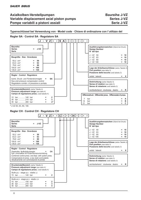 Variable displacement axial piston pumps Series J-VZ ... - Sauer Bibus