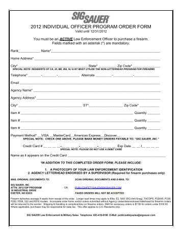 2012 INDIVIDUAL OFFICER PROGRAM ORDER FORM - Sig Sauer