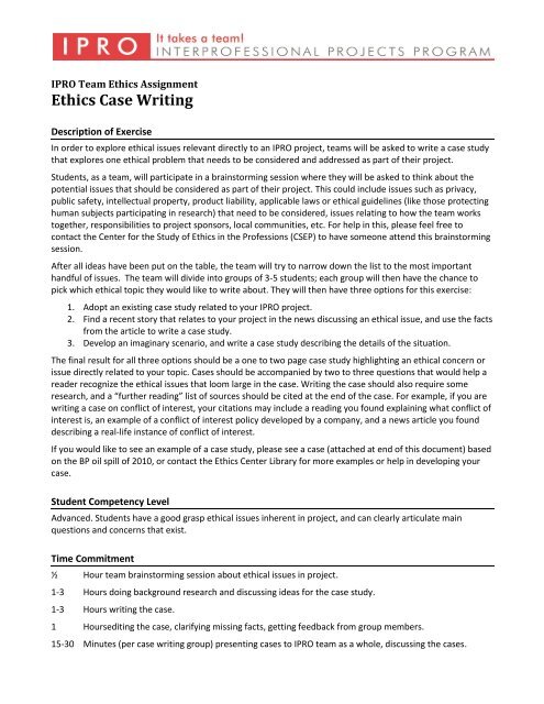 Case Study Writing Assignment - Center for the Study of Ethics in the ...