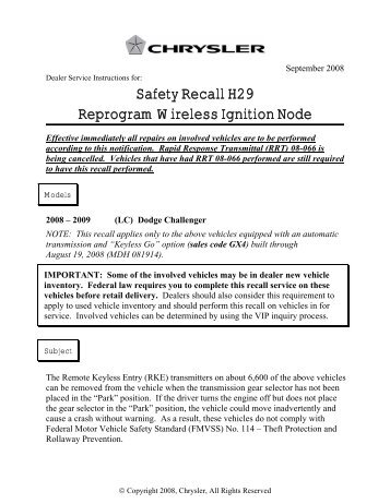 Safety Recall H29 Reprogram Wireless Ignition Node