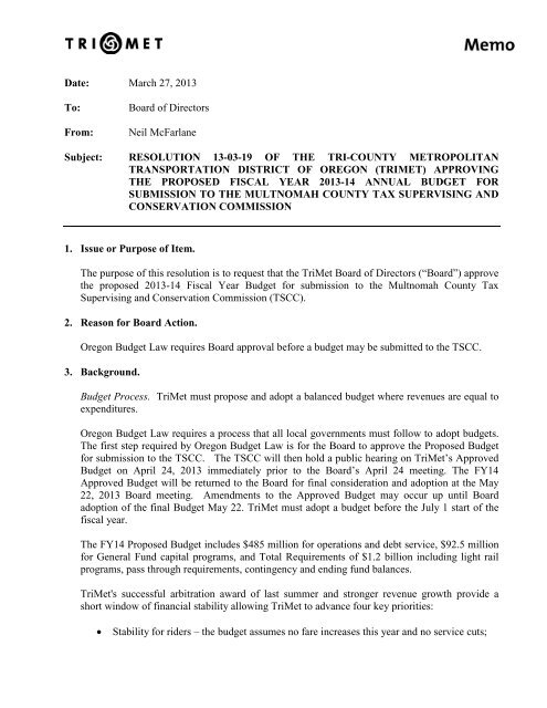 Resolution 13-03-19 Approving the Proposed Fiscal Year ... - TriMet