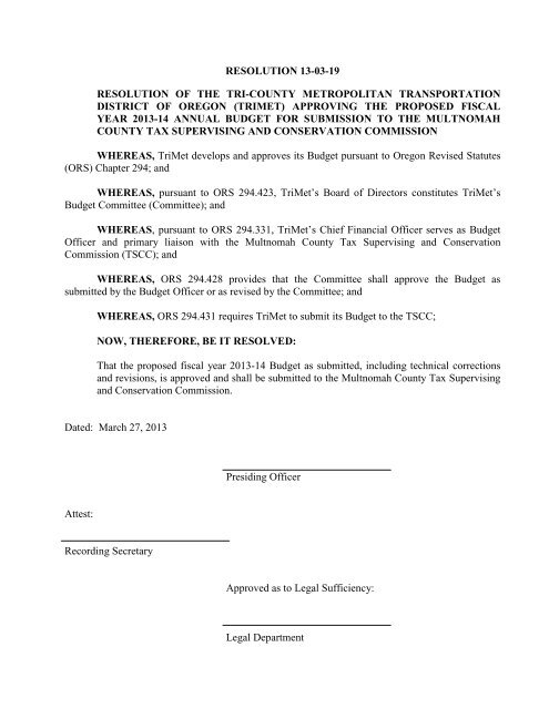 Resolution 13-03-19 Approving the Proposed Fiscal Year ... - TriMet