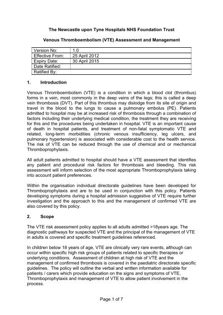 (VTE) Assessment and Management - Newcastle Hospitals