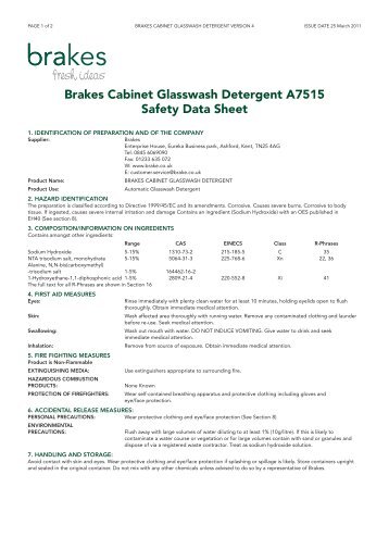 Brakes Cabinet Glasswash Detergent A7515 Safety Data Sheet