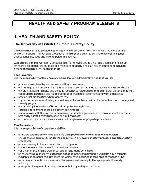 your health and safety program manual - Pathology and Laboratory