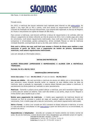 Carta aos alunos 2013 - Portal da USJT