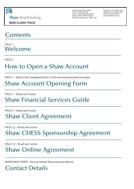 New Client Pack Front page for Intranet - Shaw Stockbroking