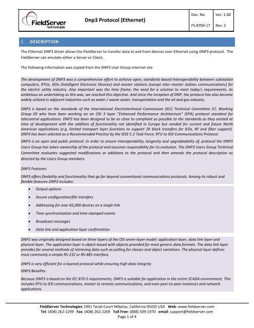 Dnp3 Protocol (Ethernet) - FieldServer Technologies