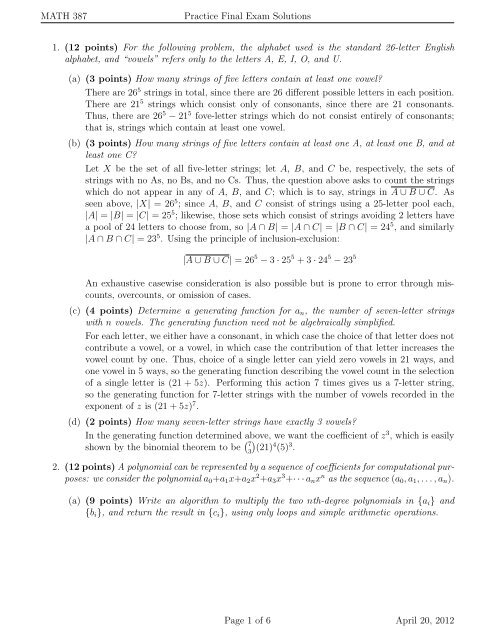 MATH 387 Practice Final Exam Solutions 1. (12 points) For the ...